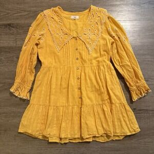 Anthropologie Rahi Dress Yellow Eyelet Details Embroidered Mini S  Boho Cotton